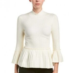 Ted Baker London | Lislie Pleated Ribbed Peplum Sweater Womens 3 Beige Pullover